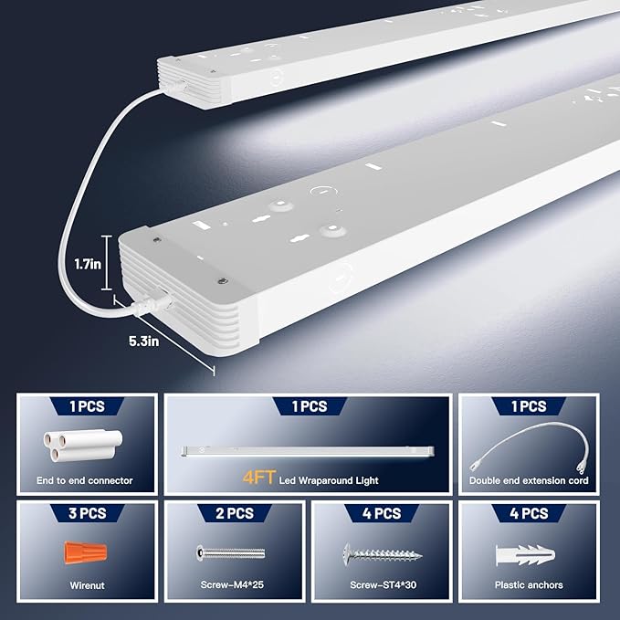 BBOUNDER 6 Pack 4FT LED Wraparound Light with 3CCT Selectable, 4000K/5000K/6500K, Super Bright 5500LM 50W 4 Foot Fluorescent Light Fixture, Flush Mount Office Ceiling Light for Kitchen Garage, White