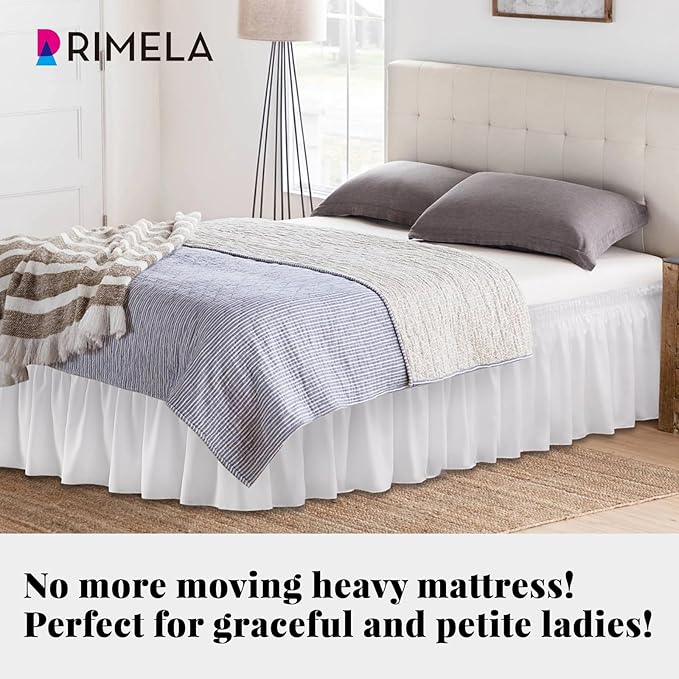 RIMELA Bed Skirting Queen Size White Bed Skirt 21 Inch Drop, Wrap Around Elastic Adjustable Bedskirt, Dust Ruffle for Bed Frame & Box Spring Soft Durable Fabric Machine Washable Easy to Install