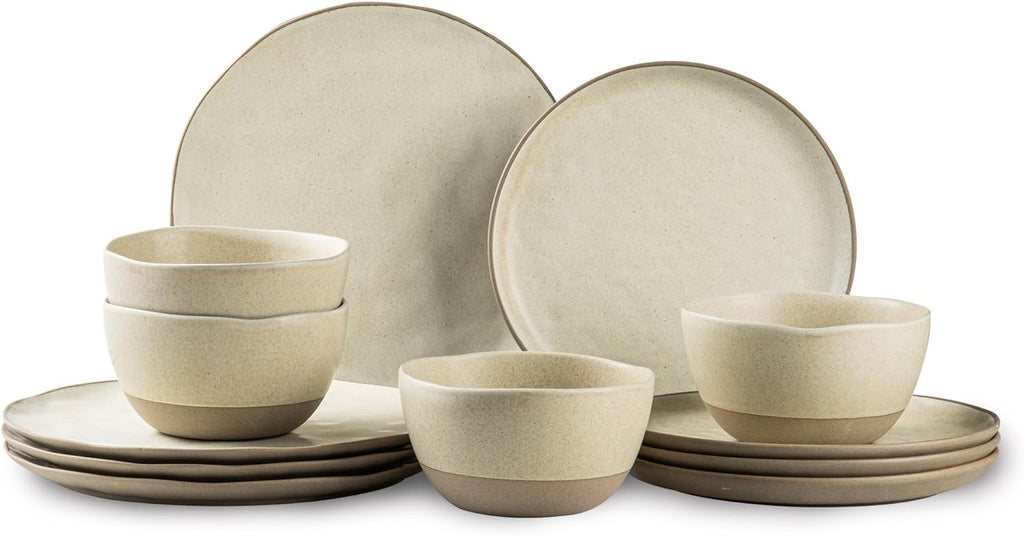 12 Pieces Dinnerware Sets,Plates and Bowls Sets, Handmade Reactive Glaze Dishes Set for 4 with at Least 10% Recycled Ceramic (Beige)