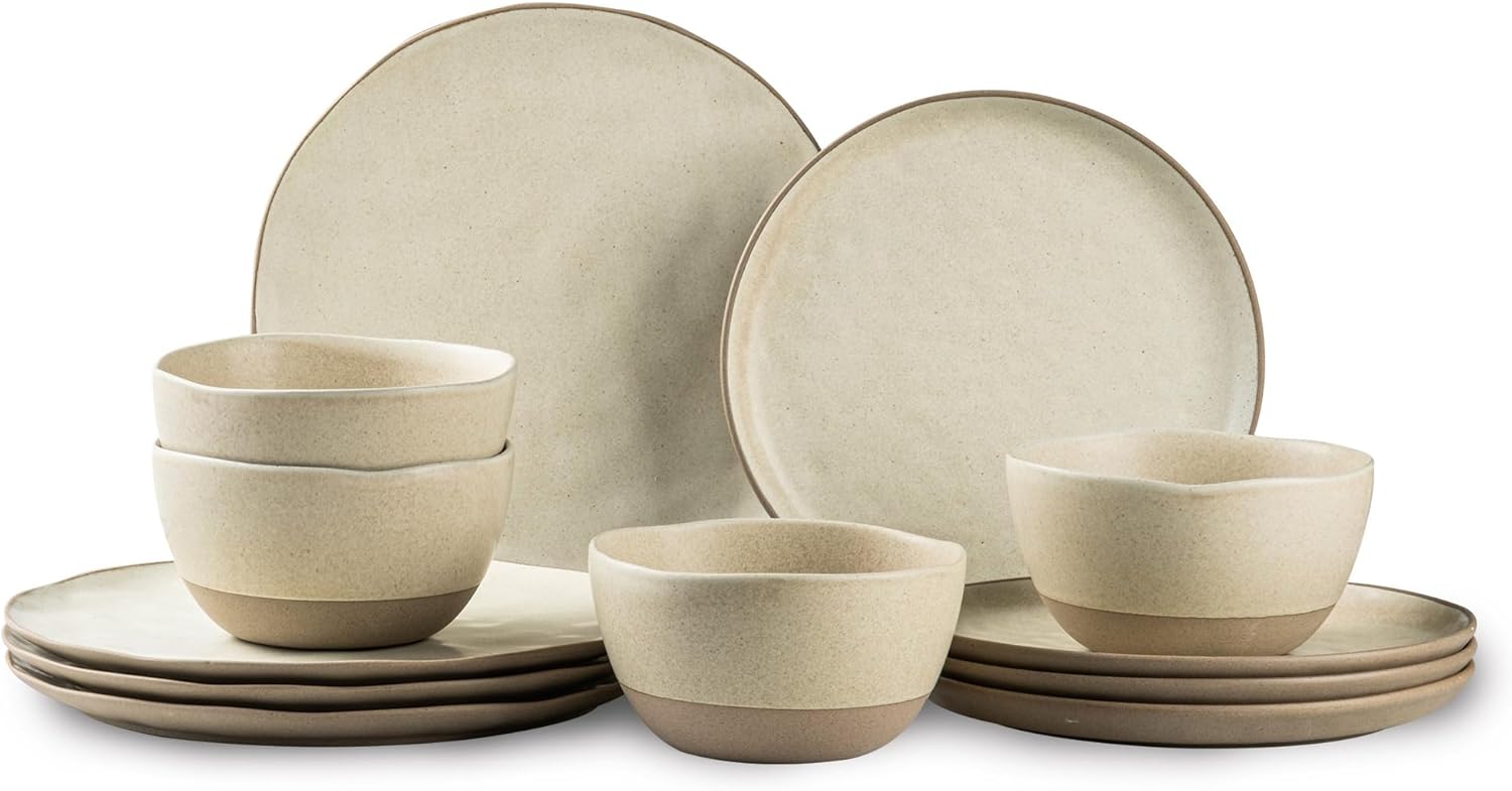 12 Pieces Dinnerware Sets,Plates and Bowls Sets, Handmade Reactive Glaze Dishes Set for 4 with at Least 10% Recycled Ceramic (Beige)