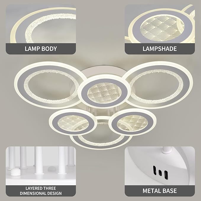 Modern LED Ceiling Light,Dimmable 3000K-6500K 3 Colors Flush Mount Ceiling Lights Fixtures 6 Rings 139W Remote LED Ceiling Lighting for Living Room,Dining Room,Kitchen,Bedroom,Office
