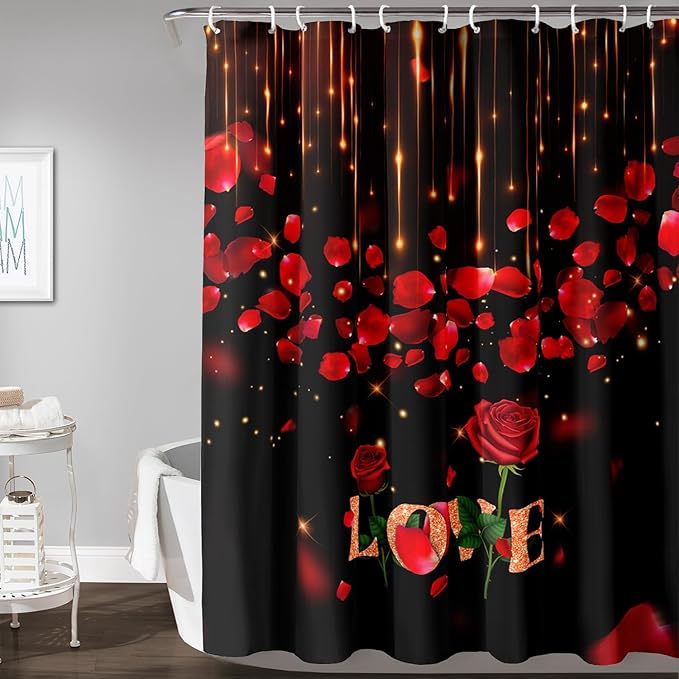 AILONEN Red Rose Flower Shower Curtain,Red and Black Shower Curtain,Romantic Flower Couple Lover Bath Curtain,Rose Themed Bathroom Decor,Waterproof 72" W x 84" H