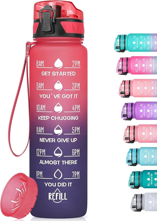 32oz/26oz Motivational Water Bottle with Time Marker & Fruit Strainer, Leak-proof BPA Free Non-Toxic 1l Bottle with Carrying Strap, Perfect for Fitness, Gym and Outdoor Sports,Plastic
