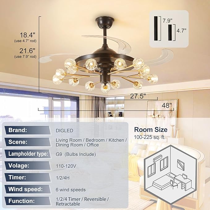 Sputnik Ceiling Fan with Light: Black Modern Chandelier with Fan for Indoor - Crystal 48" Fandelier with 15 Lights for Living Dining Room Kitchen - Retractable Ceiling Fan with Lights