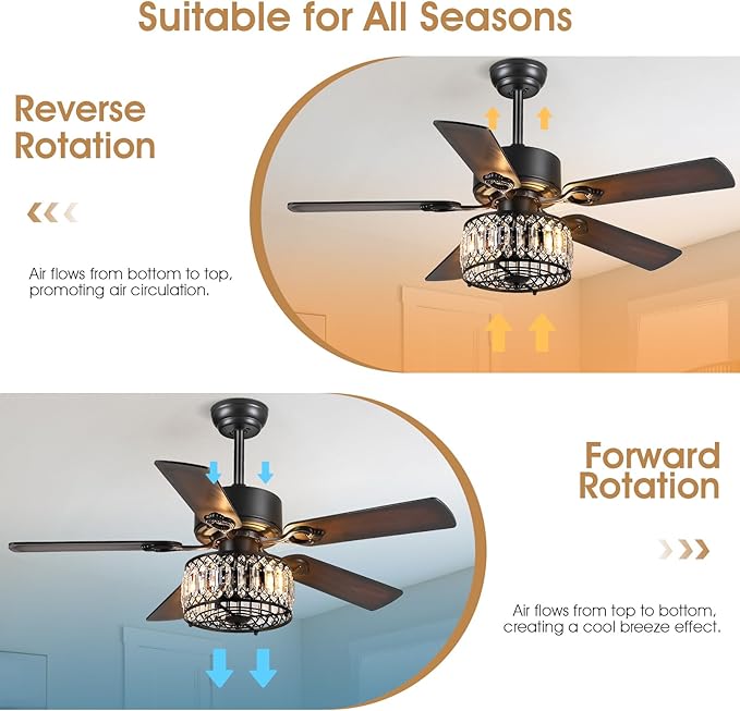 Chandelier Ceiling Fans with Lights, Crystal Ceiling Fan with Remote, 48 Inch Farmhouse Fandelier Ceiling Fan for Living Room Dining Room Bedroom, Dual Finish Wooden Blades, Black