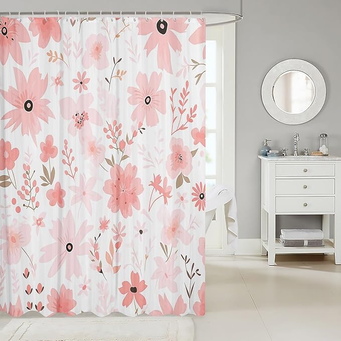 Feelyou Pink Flower Fabric Shower Curtain Floral Flower Shower Curtain for Boys Girls Flower Botanical Bathroom Waterproof Accessories with 12 Hooks Nature Plants Curtains,72x78 Inches