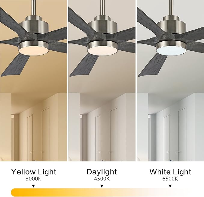 52" Modern Ceiling Fan with Lights and Remote Control, 5 Solid Wood Blades 6-Speed Noiseless Reversible DC Motor, Ceiling Fan for Bedroom Dinning Living Room, Nickel Finish with Wood Blades