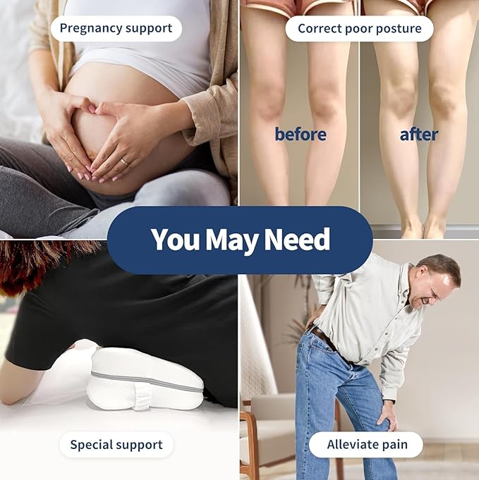 Knee Pillow for Side Sleepers Hip Pain, Between Knee Pillow for Side Sleepers with Strap, Sciatica Pain Relief Pillow Supports Back Pain, Ergonomic Leg Positioner Pillow with Washable Cover, Grey