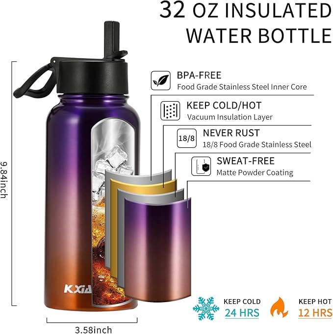 32 oz Insulated Water Bottle with Paracord Handles & Strap, 2 Lids(Straw Lid&Spout Lid), Stainless Steel Reusable Wide Mouth Metal Water Bottle With Straw, Double Walled, Thermo Mug（Tropical Fruit)