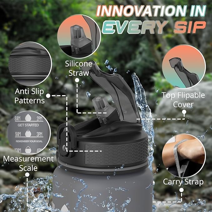 32 oz Water Bottle with Time Marker- Leak-Proof & BPA Free Reusable Gym Water Bottle - Easy to Carry Motivational Water Bottle for Fitness, Sports, Outdoor, (Gray with covered lid)