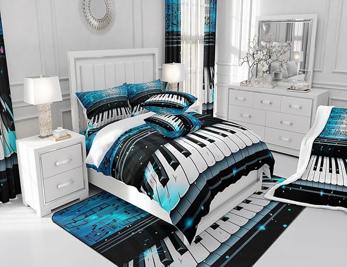 Feelyou Piano Shower Curtain Boys Girls Musical Fabric Shower Curtain for Kids Music Theme Bathroom Waterproof Accessories with 12 Hooks Blue Curtains,72x84 Inches