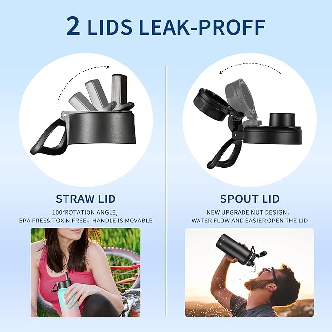 32oz Insulated Water Bottle with Paracord Handles & Strap, 2 Lids(Straw Lid&Spout Lid), Stainless Steel Reusable Wide Mouth Metal Water Bottle With Straw, Double Walled, Thermo Mug（Black Leoqard)