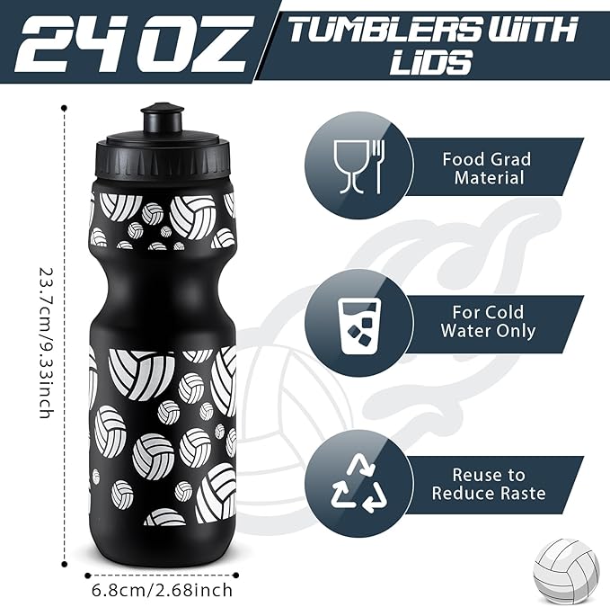 24 Pcs 24 oz Volleyball Water Bottle Bulk and Drawstring Bag Set 12 Reusable Plastic Biking Water Bottle Tumbler 12 Sport Gym Goodie Gift Bag for Party Favor (Black)