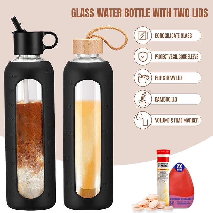 32oz Glass Water Bottle With 2 Lids-Flip Straw Lid, Bamboo Lid, Glass Water Bottle With Silicone Sleeve, Motivational Time Marker, Glass Juice Bottle for Cold Drink,Black