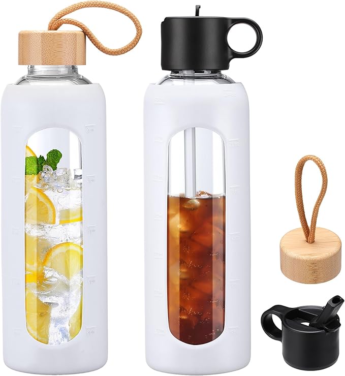 24oz Glass Water Bottle With 2 Lids-Flip Straw Lid, Bamboo Lid, Glass Water Bottle With Silicone Sleeve, Motivational Time Marker, Glass Juice Bottle for Cold Drink,White