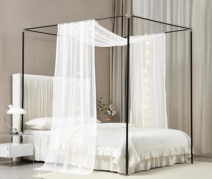 Akiky Canopy Bed Curtains with Light Princess Bed Canopy Scarf for Full/Queen Metal Bed Frame,Wood Frame Bed-2 Panel Sheer Curtain(Full/Queen,White)