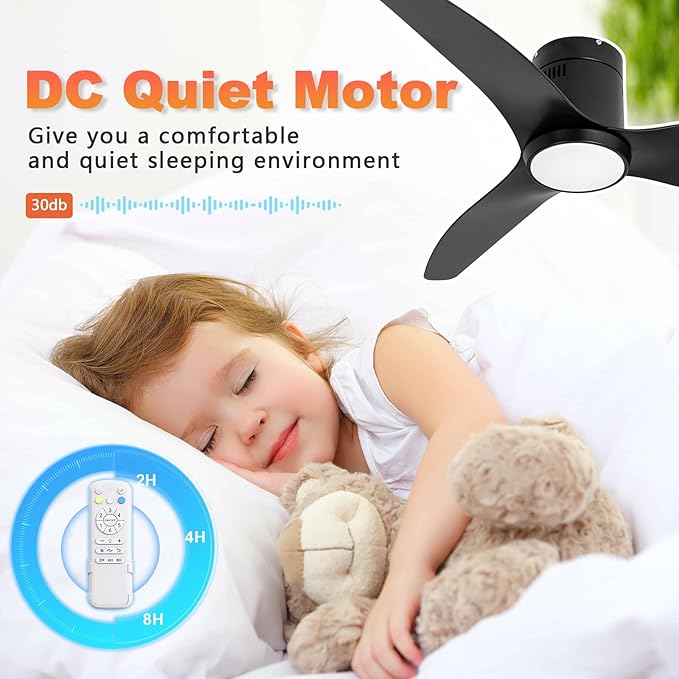 Black Ceiling Fan with Light Remote 52in 6Speed Silent Reversible Motor 3CCT Dimmable LED Flush Mount Low Profile Fan Timer Memory Function Modern Plastic Blade Vacation Mode Indoor Outdoor