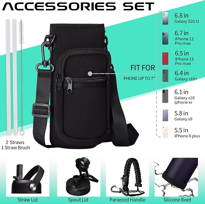 32-40-64OZ Stainless Steel Water Bottle - Black Water Bottle with Straw & Spout Lid, Paracord Handle & Bottle Sleeve, Insulated Vacuum Water Flask Double-Wall Metal Thermo Cup Canteen for Gym School