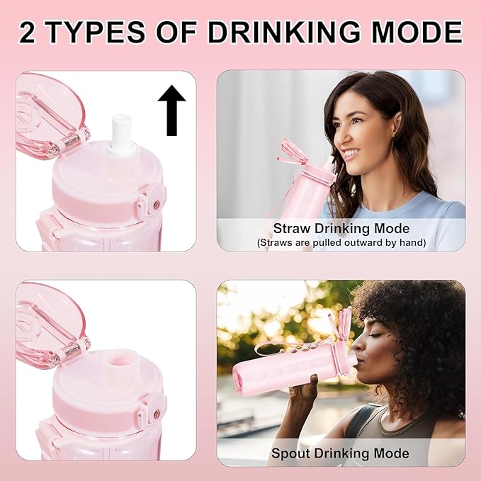 32 oz Water Bottle with Detachable Straw, Clear Motivational Water Bottles with Time to Drink, Tritan & BPA Free Sports Water Jug with Time Marker, Upgraded handle design, Rose Pink