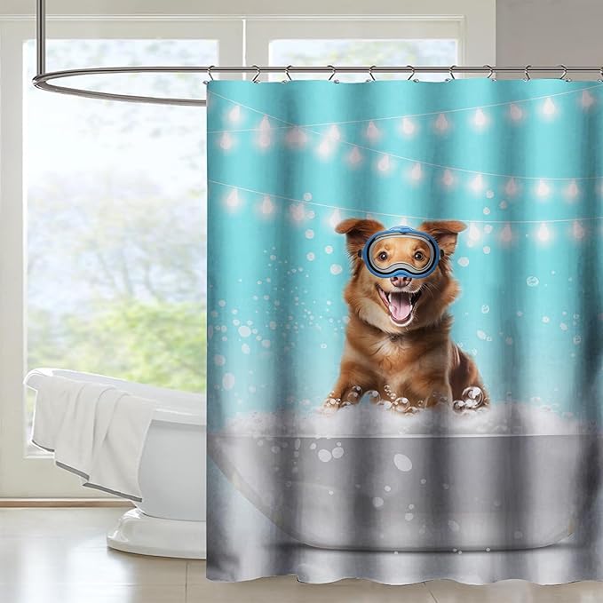 AILONEN 3D Bathtub Dog Shower Curtain for Kids 72" W*78" H Inch,Kawaii Diving Dog Sitting in a Bathtub Shower Curtain,12 Pack Hooks Polyester Waterproof Fabric Decor for Bathroom Bathtub Panels