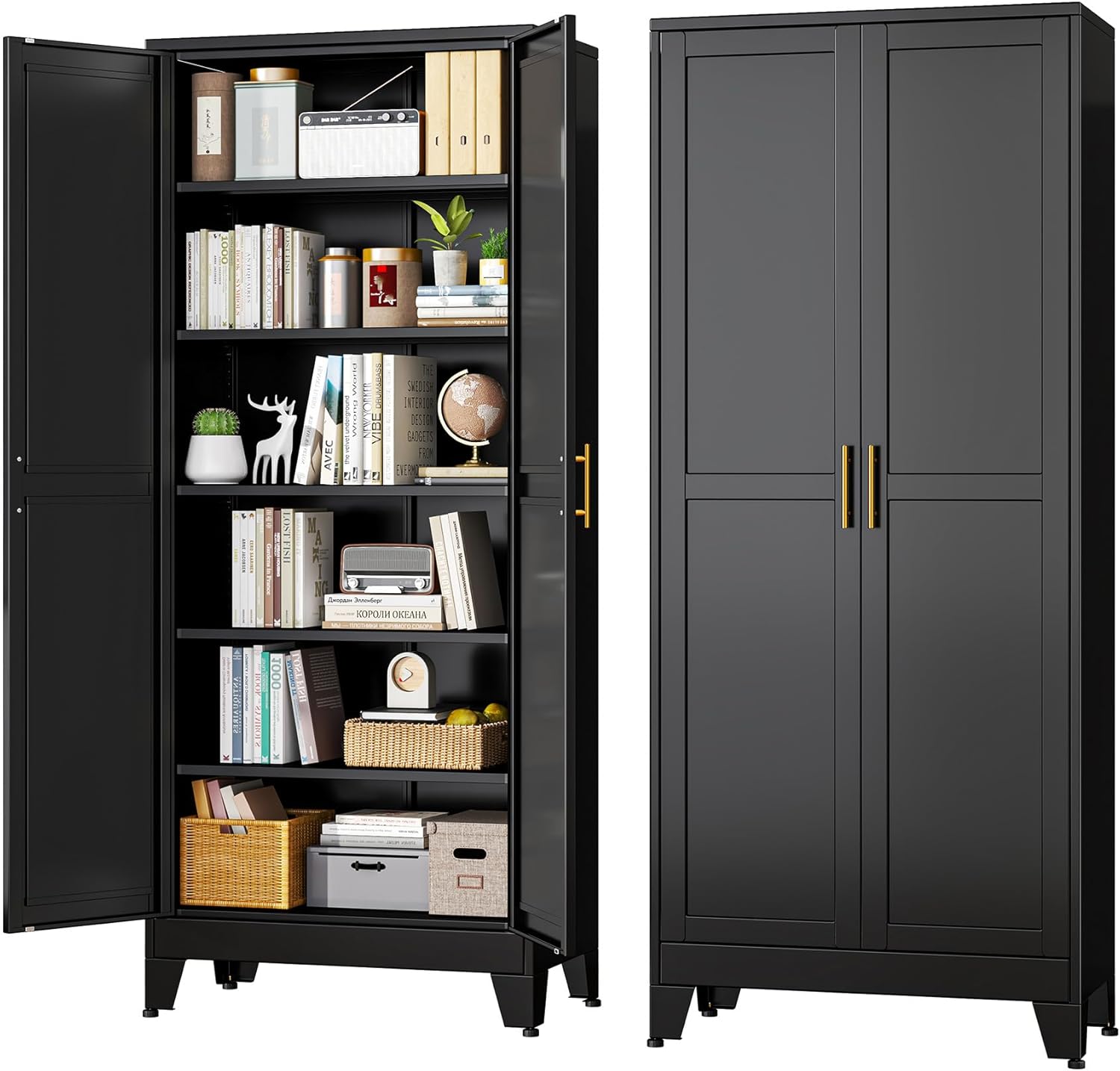 Black Metal Storage Cabinet,75" Steel Cabinets for Home Office, Kitchen Pantry Storage Cabinet with Doors and 5 Adjustable Shelves, Tool Cabinets, for Office, Home, Garage, School