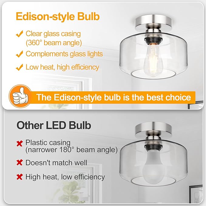 Industrial Semi Flush Mount Ceiling Light Brushed Nickel, 900 Lumen LED Bulb Included, Clear Glass Shade Ceiling Light Fixture, Farmhouse Light Fixture for Hallway Corridor Kitchen Bathroom Bedroom