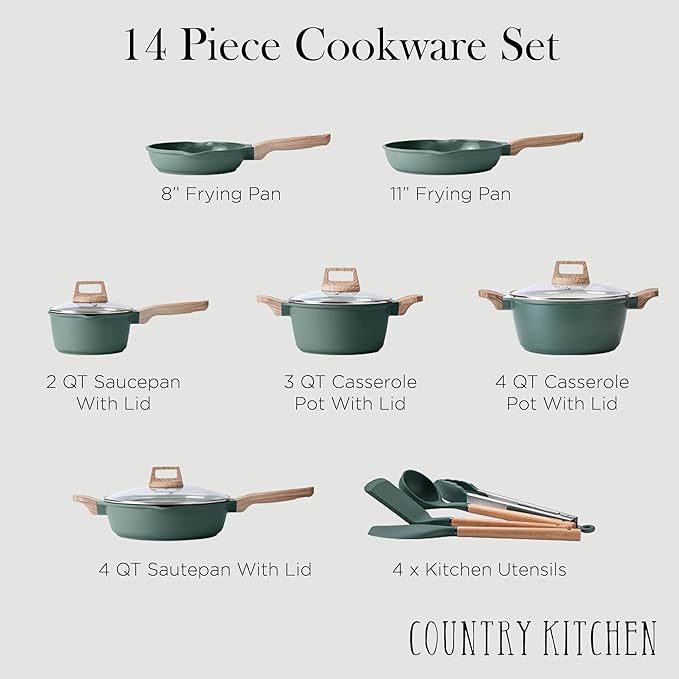 Country Kitchen Pots and Pans Set Nonstick, Cast Aluminum Kitchen Cookware Set with Utensils, 14 Pcs Non Stick Cooking Set w/Frying Pans & Saucepans