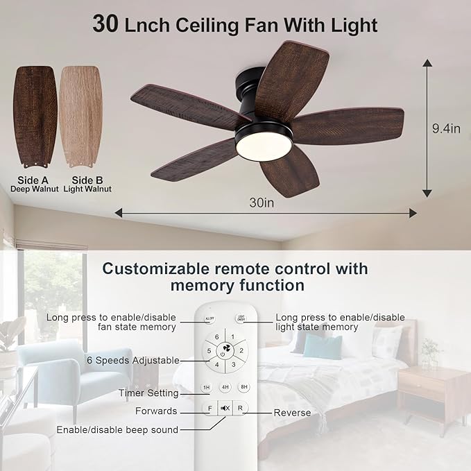 30 inch Ceiling Fans with Lights and Remote,Flush Mount Black Ceiling Fan,Memory Fuction Reversible Quiet DC Motor Low Profile Ceiling Fans For Living Room Bedroom Indoor Outdoor(Black Walnut)