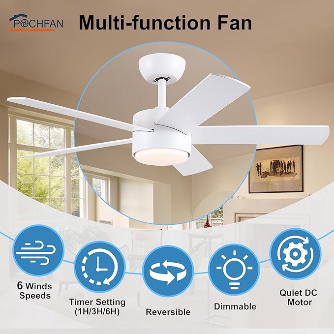 42 inch White Ceiling Fan with Lights and Remote Control, Dimmable Ceiling Fans with Lights,3-Color, Quiet Reversible 6-Speed, Wood Modern Ceiling Fan for Bedroom, Living Room, Dining Room