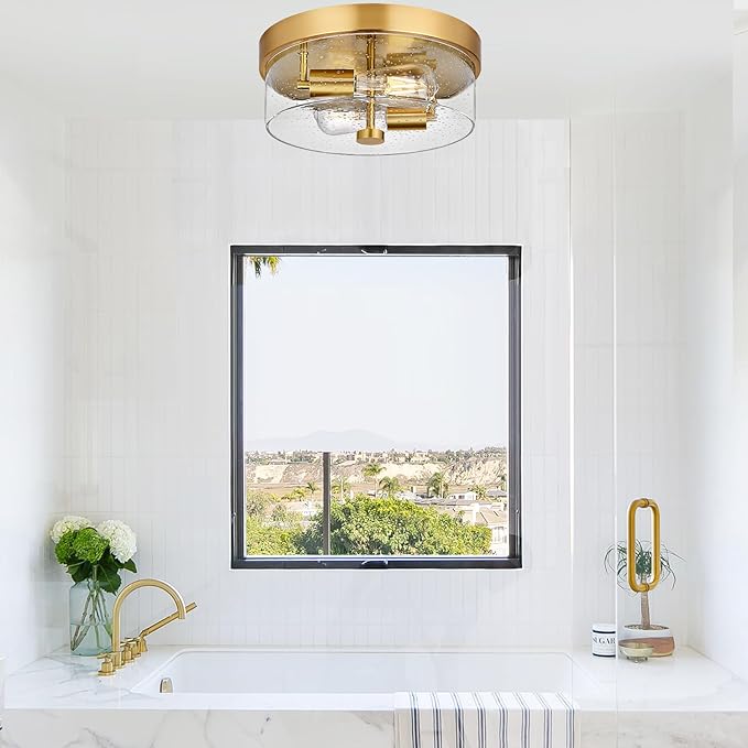 Flush Mount Ceiling Light Fixtures, 2-Light Gold Ceiling Mount for Farmhouse with Seeded Glass Lampshade, Industrial Flush Mount Light Fixture Farmhouse for Hallway, Kitchen, Entryway and Foyer