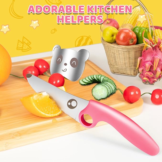 Kids Knife Set for Real Cooking with Educational Ring & Children Apron & Chef Hat- Children Training Knife Set-Pink