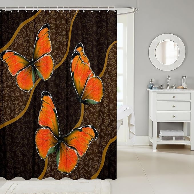 Feelyou Butterfly Shower Curtain 72"x78" Kids Butterflies Botanical Floral Print Bathroom Shower Curtain Set for Boys Girls Teens Geometric Stripes Bath Curtain Yellow Orange Bathroom Accessories