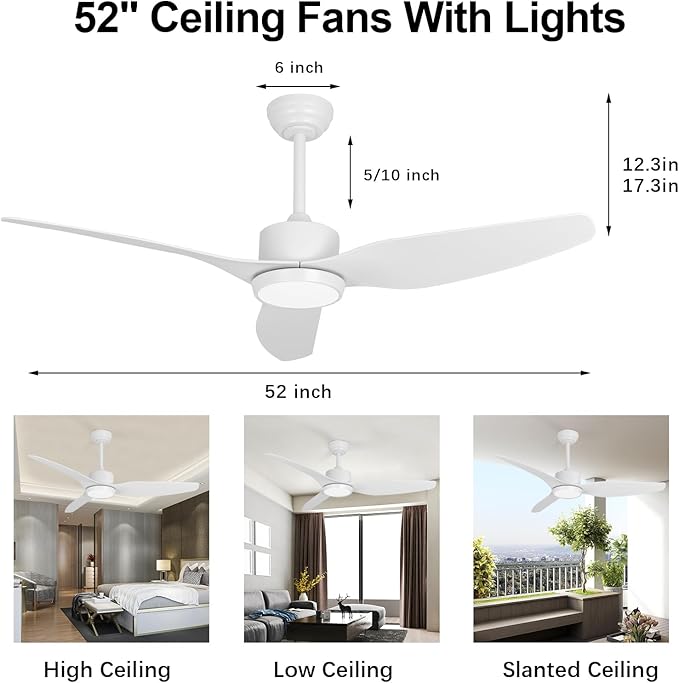 White Ceiling Fan with Light Remote 52in Timing 6Speeds Silent DC Motor 3CCT LED Light with Memory Lighting Function Indoor Outdoor Fan Farmhouse Bedroom Living Room use