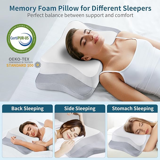 Cervical Pillow for Neck Pain Relief, Ergonomic Memory Foam Pillows with Cooling Pillowcase, Orthopedic Bed Pillow for Sleeping, Contour Neck Support Pillow for Side Back Stomach Sleeper