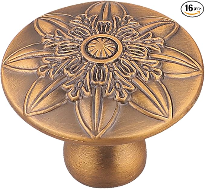 16 Pack Antique Brass Cabinet Hardware Knobs Vintage,1.4" Round Antique Kitchen Cabinet Knobs Handles for Cabinets and Dresser Drawers Vintage Brass Drawer Knobs