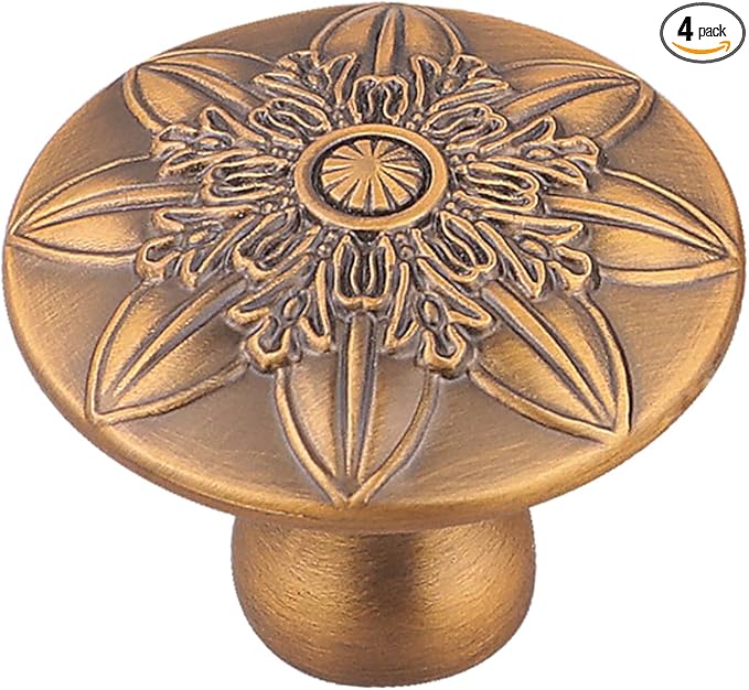 4 Pack Antique Brass Cabinet Hardware Knobs for Kitchen Cabinets,1-2/5" Round Antique Knobs for Dresser Drawers Vintage Brass Drawer Knobs Dresser Knobs