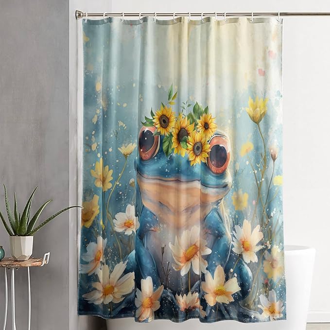 AILONEN Cartoon Frog Shower Curtain,Blue Frog with Sunflowers Polyester Cloth Bath Curtain Set for Kids Boys Girls,Amphibious Animals Shower Curtains for Bathroom,72" W*84" H