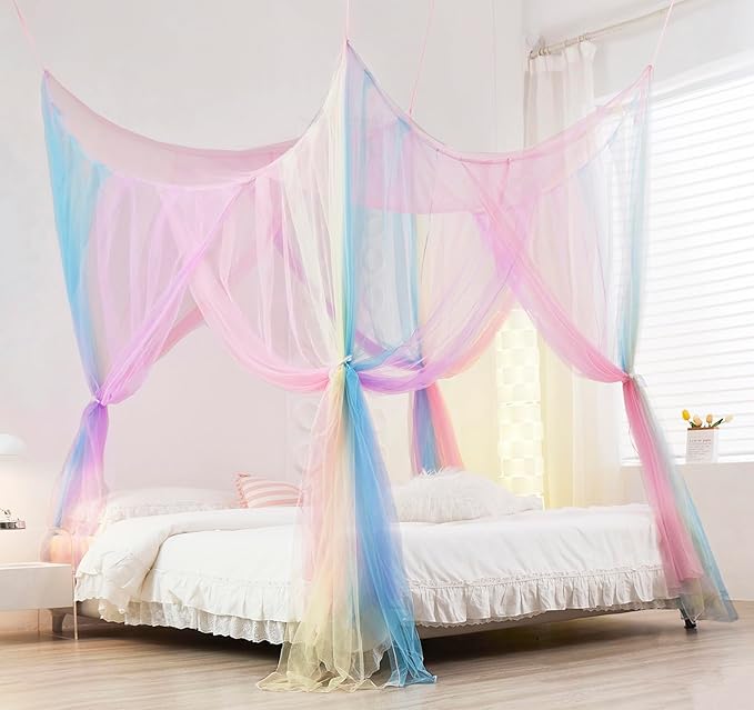 Mengersi Rainbow Bed Canopy with Lights,Bed Netting Canopy for Bed Square Canopy Bed Curtains Canopy - Suggested for Full to King Size Bed,Blue