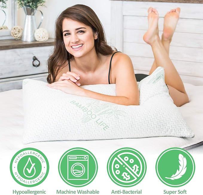 Queen Size Rayon Derived from Bamboo Pillow, Shredded Memory Foam Bed Pillows Sets for Side, Back, Stomach Sleepers, Washable Cover, Cooling and Adjustable, (Queen (Pack of 1)