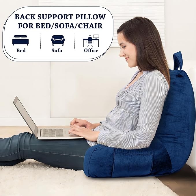 LOVTEX Reading Pillow with Removable Cover, Back Pillow for Sitting Up in Bed with Arms and Pockets, Bed Rest Pillow Adult, 20 x 15 Inches(Navy Blue)