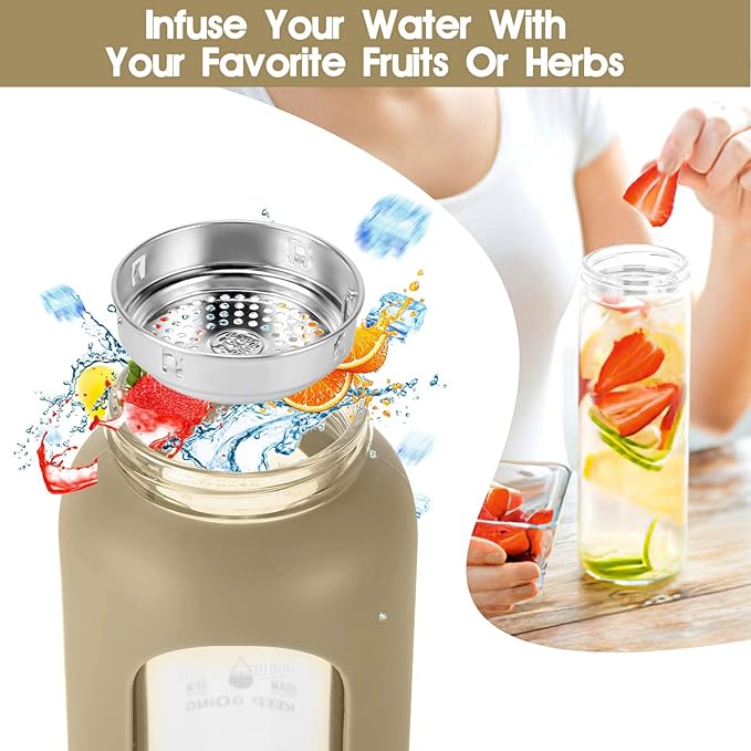 32 oz Glass Water Bottles with Straw - Motivational Glass Water Bottle with Time Marker & Silicone Sleeve - Reusable Glass Tumbler Includes 2 Bamboo Lids & Fruit Infuser - 1 Pack
