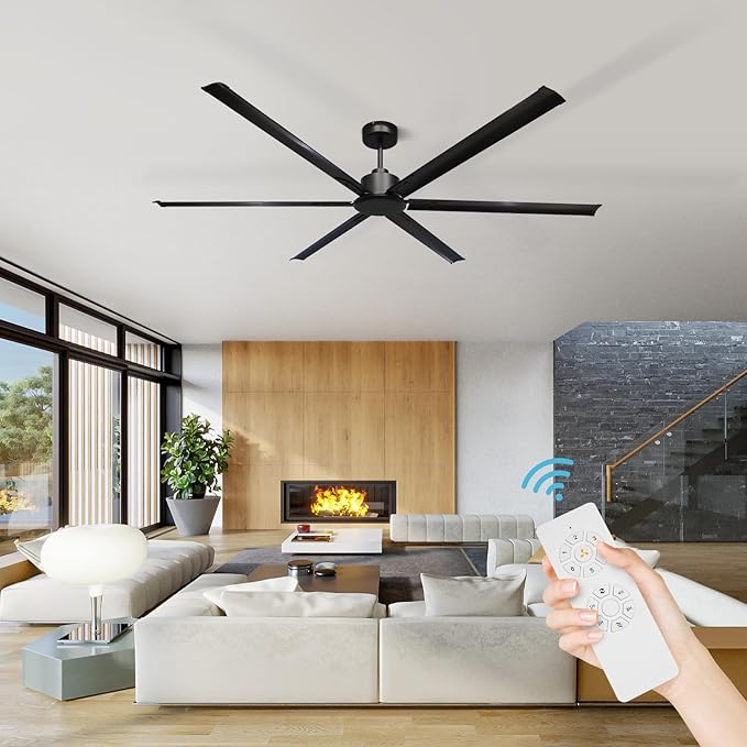 GESUM 84 Inch Ceiling Fans with Remote Control, Industrial Ceiling Fan with 6 Aluminum Blades, Reversible, 6-Speeds, Large Ceiling Fan for Porch/Garage/Shop (Black)