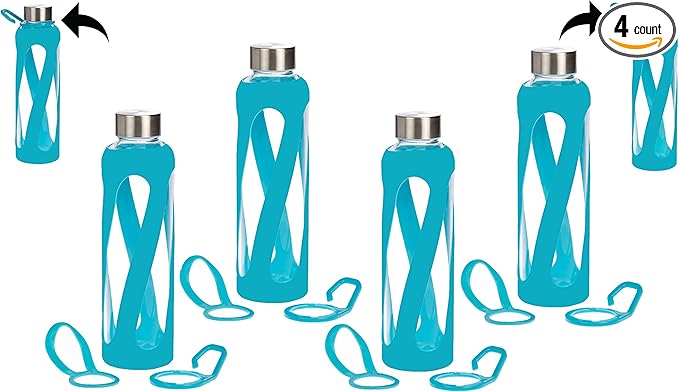 1, 2, 3, 4- PACKS - 20 oz Leak Proof, Reusable Pure Borosilicate Tempered Glass Water Bottle, Non-Slip Silicone Sleeve, 2 Attachments: Loop and Hook, Free of BPA, BPS, BPF, PVC, Phthalates