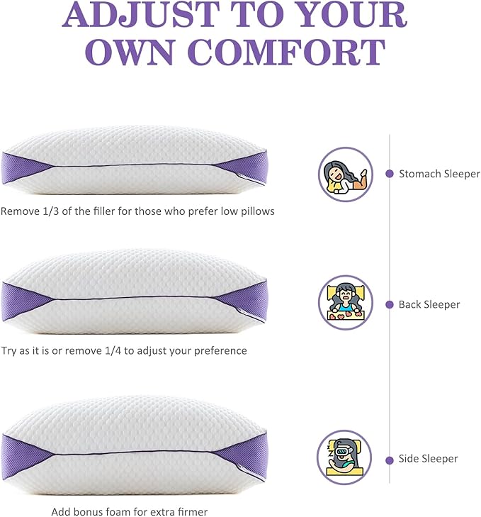 HOMELAB Adjustable Shredded Memory Foam Body Pillow, Cooling Bed Pillow for Sleeping with Removable Cover, Medium Pillow for Side Stomach & Back Sleepers, 1 Pack 20"x52"