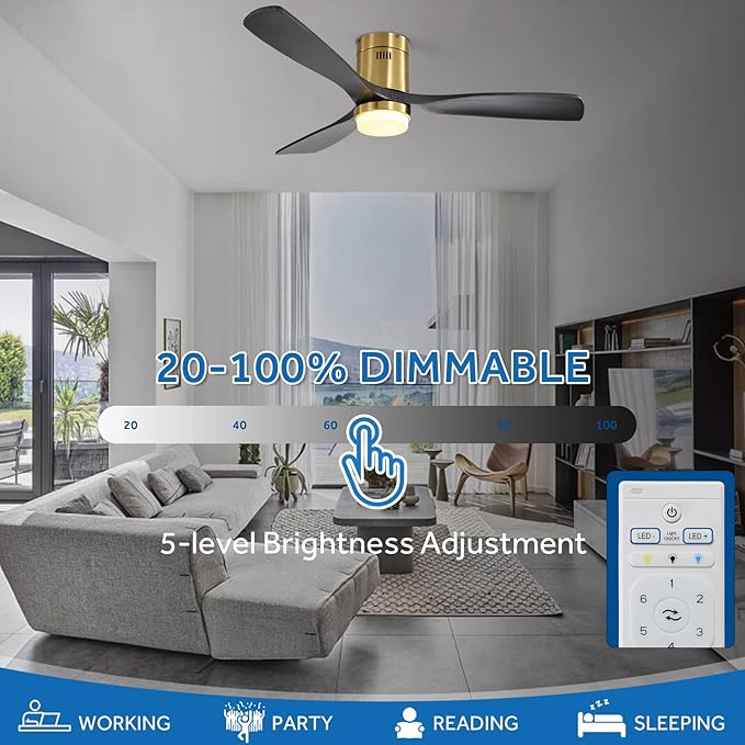 Sofucor Low Profile Ceiling Fan, Flush Mount Ceiling Fan with Lights and Remote Control, 52'' Wood Ceiling Fan with 3 Color Temperature & Adjustable Brightness, Black Wood