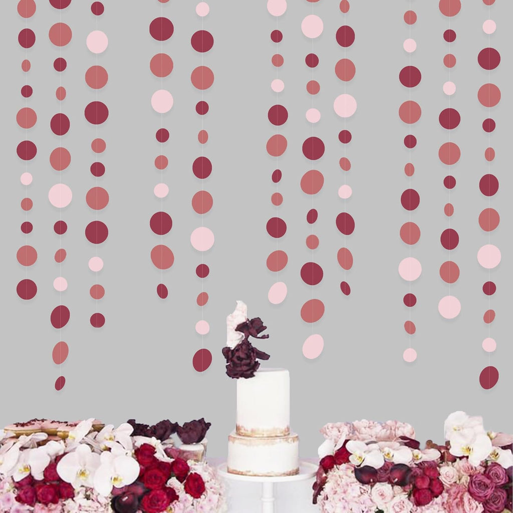 Burgundy Dusty Pink Decorations Circle Dot Garland Maroon Pink Hanging Polka Dot Streamer Banner for Wedding Birthday Bridal Shower Engagement Baby Shower Graduation Anniversary Garnet Party Supplies