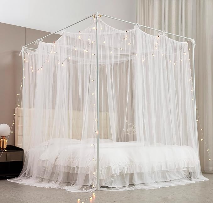 Mengersi Canopy Bed Curtains Bed Canopy with Lights for Girls, Bed Netting Unique Style 4 Door Mosquito Net for Adults Women Bedroom Decor (White+Lights, Twin/Twin XL)