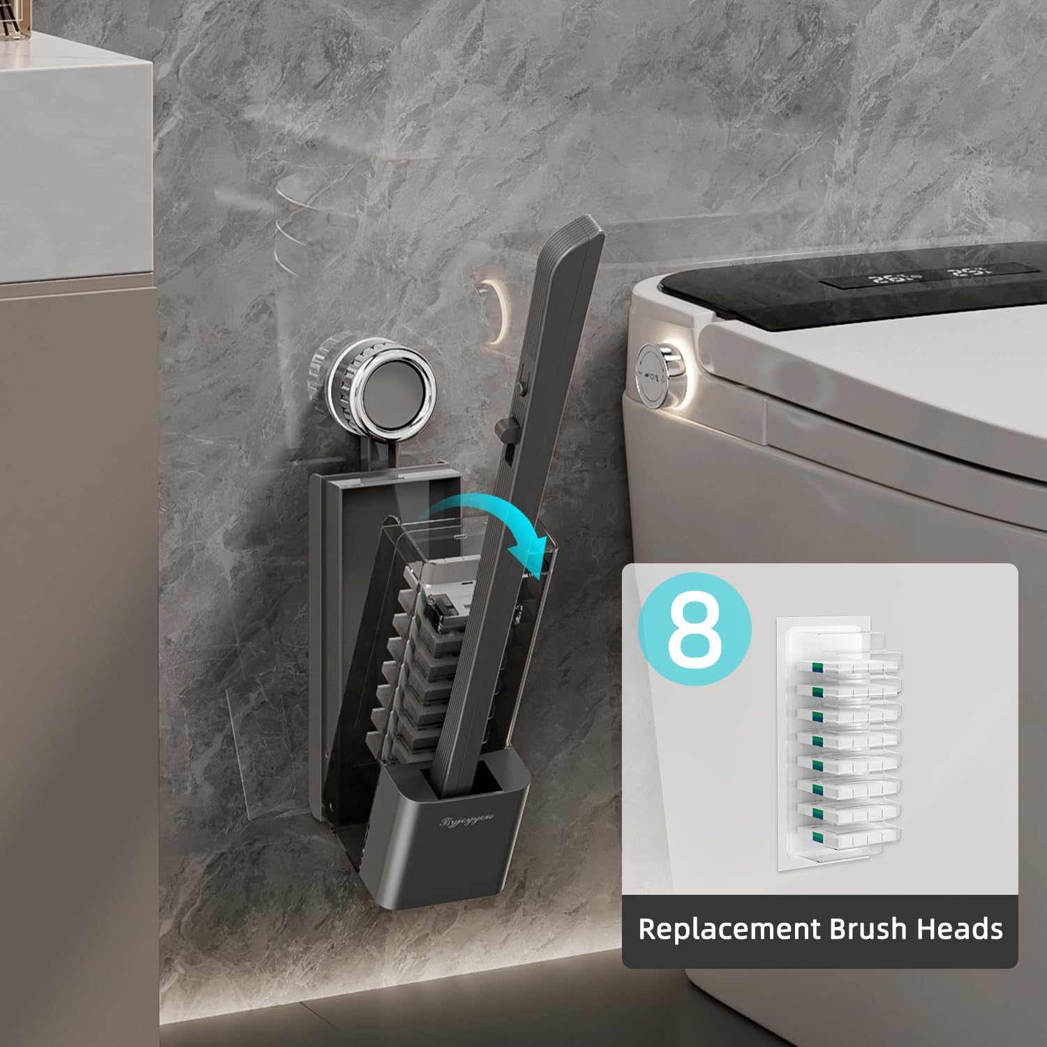Disposable Toilet Brush with Replaceable Heads, Wall-Mounted Holder, Hygienic Bathroom Cleaning Tool (Dark Grey Toilet Brush + 8 Refills)