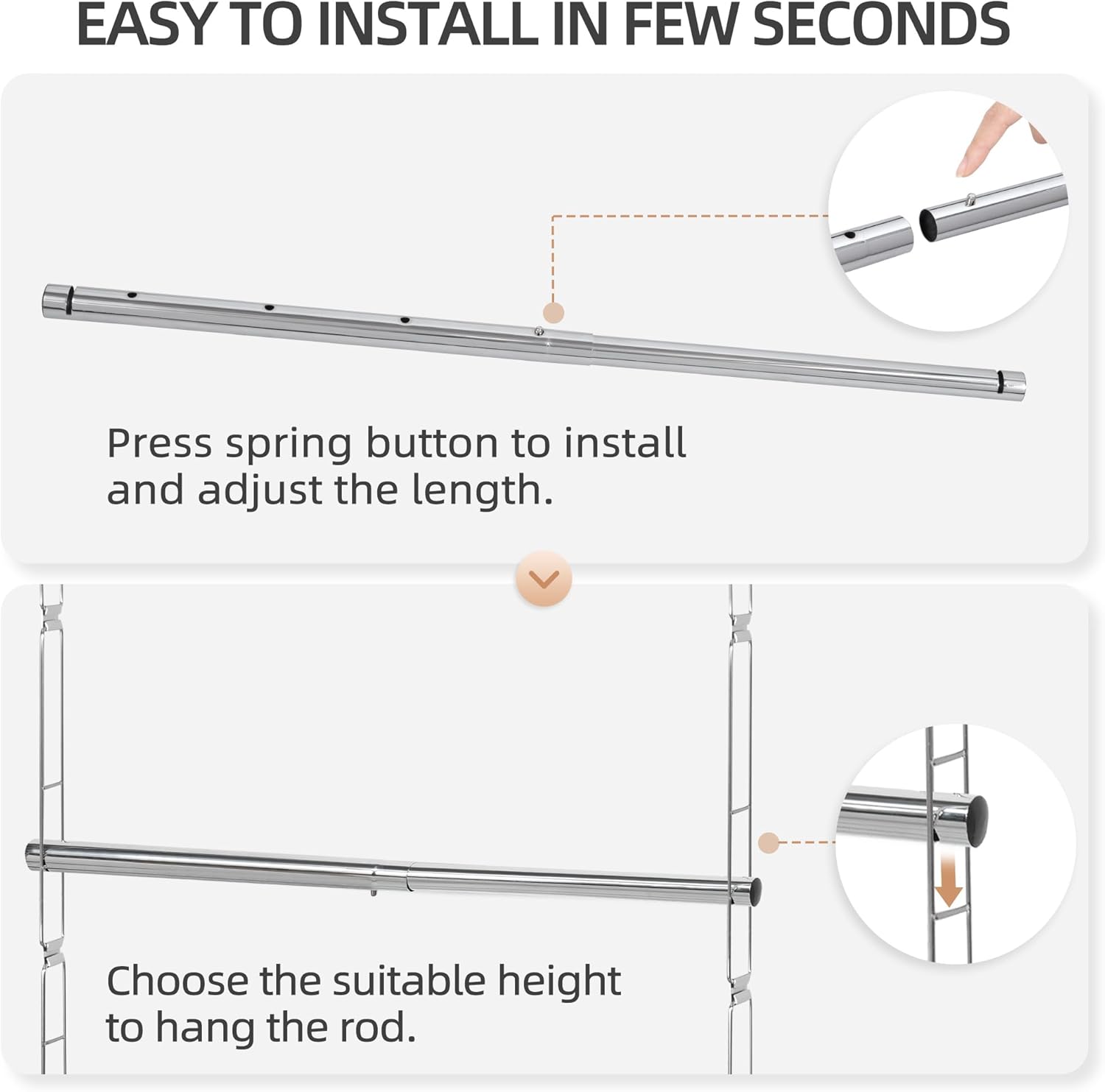 STORAGE MANIAC Hanging Closet Rod, Adjustable Width and Height Closet Hanging Organizer, Space-Saving Clothes Hanging Bar, Closet Extender Hanging Rod Double Closet Hanging Rod, 1 Pack Chrome