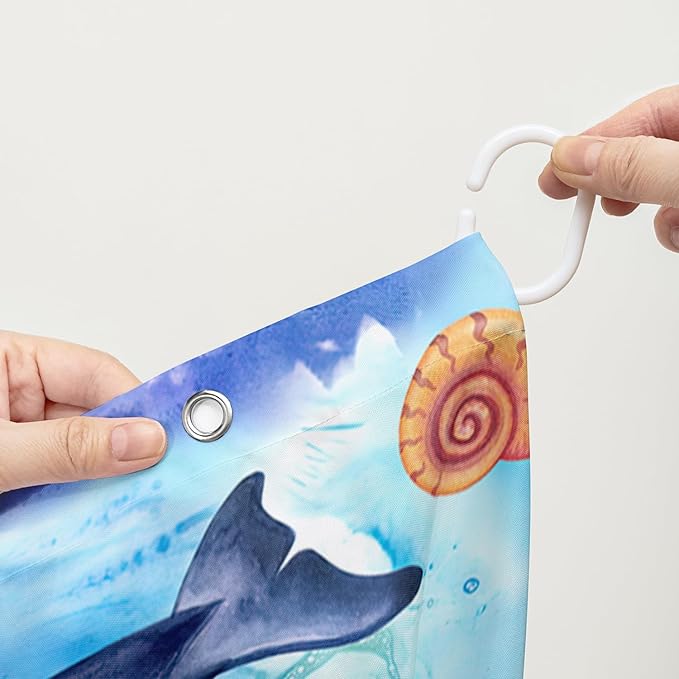 AILONEN Cute Cartoon Whale Shower Curtain,Kawaii Marine Animal Whale Bathroom Curtain for Kids Girls Boys,Blue Tie Dye Bath Curtain Set,Seaweed Fabric Shower Curtains for Bathroom, 72" W*84" H